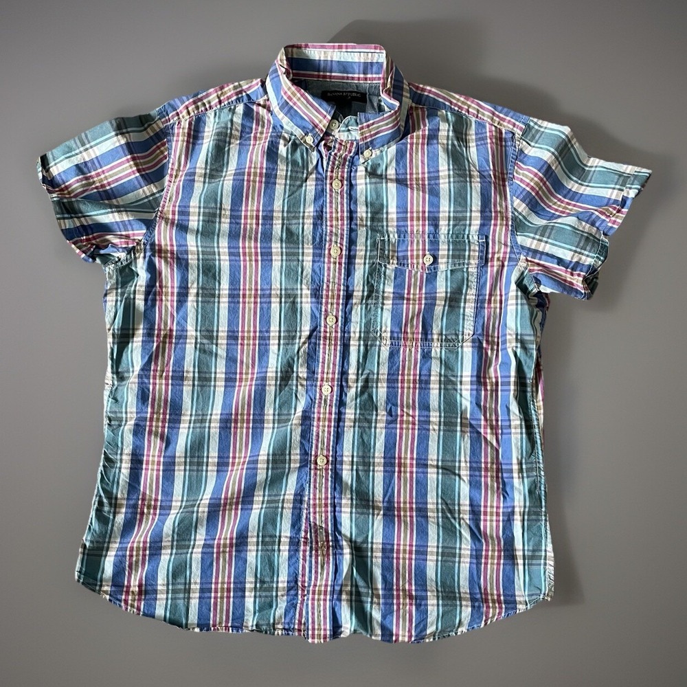 Banana Republic Short Sleeve Button Down Shirt Pink Green Blue Plaid Large JBHS